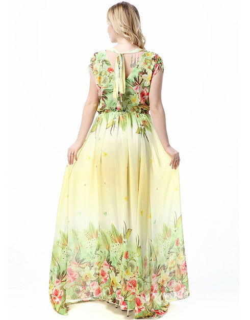 Chiffon Short-Sleeved Swing Dress with flowers Print